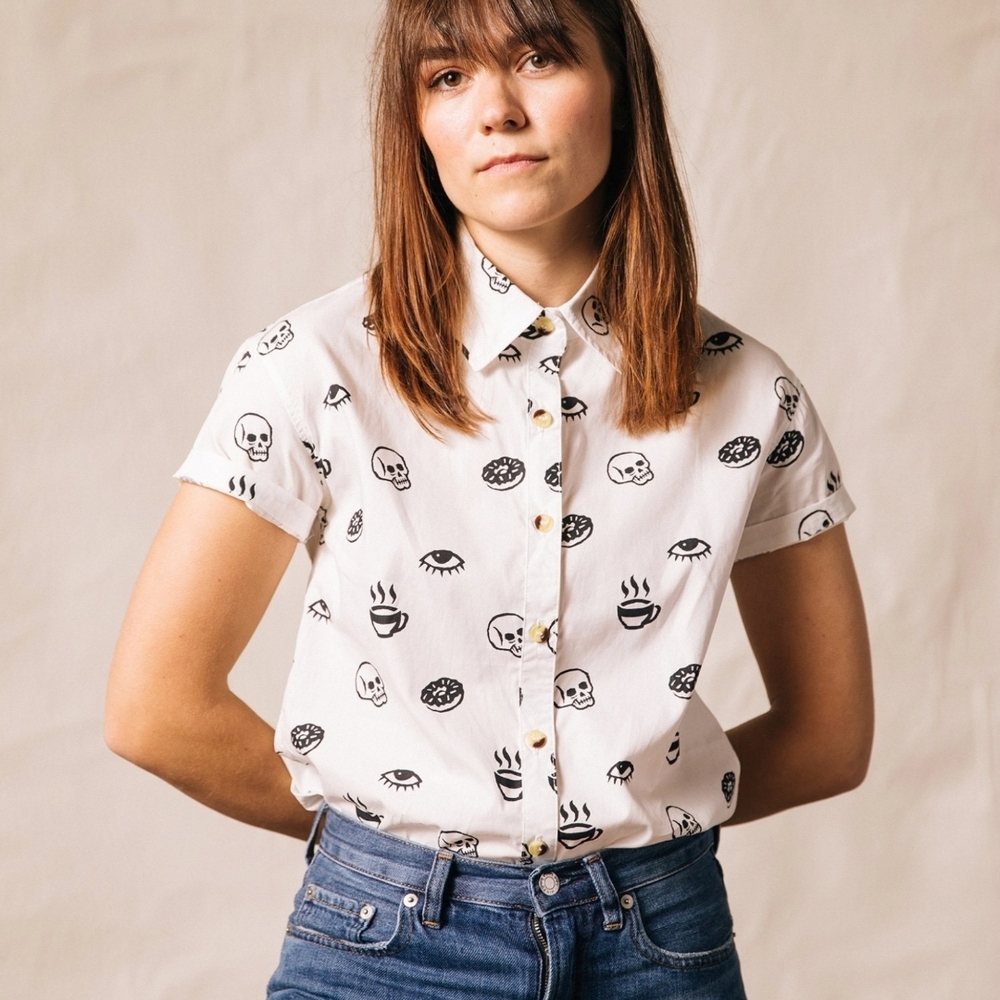 Pyknic Morning Glory Button-up Coffee Donut Skull White Printed Women's Top XL